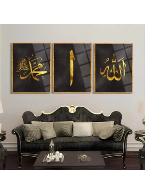 Shiny Art Allah Muhammed Elif 3'lü Set Islami Cam Tablo - ISL031