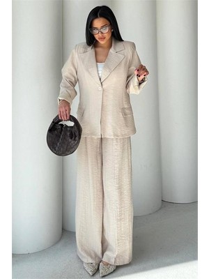 Neşeli Butik Kadın Bej Oversize Tek Düğmeli Blazer Ceket Pantolon Takım NBSTR4085