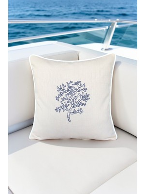 Visionario Kırlent Kılıfı 45X45 Marin Nakışlı Yosun Desen Su Itici Outdoor Keten Beyaz Biyeli Tekne Bahçe