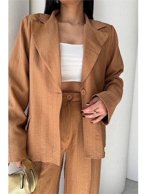 Neşeli Butik Kadın Camel Oversize Tek Düğmeli Blazer Ceket Pantolon Takım NBSTR4085