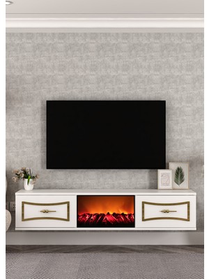 Demonte Decor TV0065-TXA150DD-32 Duvara Montaj Şömineli Tv Sehpası Beyaz-Altın