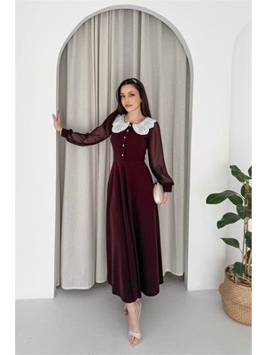 Neşeli Butik Kadın Kahverengi Dantel Yaka Krep Kumaş Düğme Detaylı Elbise NBK4586