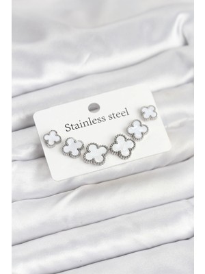 Eco Lounge 316L Çelik Gümüş Beyaz Renk 3 Boy Yonca Küpe Seti