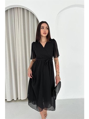 Neşeli Butik Kadın Siyah Kuşaklı Kruvaze Yaka Anvelop Şifon Elbise NBK4520