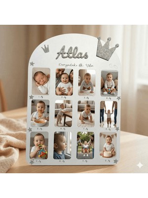 Dünyada Ilk Yılım 12 Ay Bebek Anı Fotoğraf Tablosu - Ahşap Isme Özel 1 Yaş Doğum Günü Panosu, Süsü