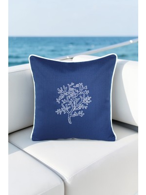 Visionario Kırlent Kılıfı 45X45 Marin Nakışlı Yosun Desen Su Itici Outdoor Keten Beyaz Biyeli Tekne Bahçe