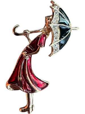 Kırmızı Şemsiyeli Kadın Broş