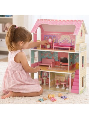 Toha 3 Katlı Ahşap Bebek Evi 10 Parça Aksesuarlı Oyuncak Ev Büyük Boy Kız Çocuk Oyuncağı