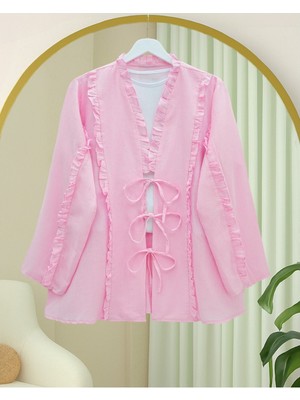 Modamorfo Önü ve Kolu Fırfırlı Bağlamalı Keten Gömlek -Pembe