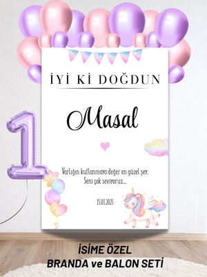 Bkmc Party Isimli Unicorn Konseptli Balonlu Doğum Günü Duvar Brandası 40 Balon ve Yaş Balonlu Arkaplan Seti