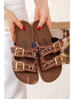 Melek Tuna Çift Tokalı Yumuşak Tabanlı Günlük Terlik, Taşlı Terlik, Hafif ve Rahat Terlik