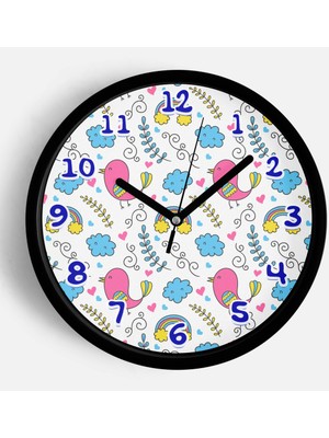 JHAAR Sevimli Kuş ve Gökkuşağı Desenli Çocuk Odası Duvar Saati - 25CM - Önü Camlı Siyah Kasa