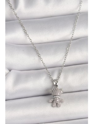 Clariss 316L Çelik Gümüş Renk Zincir Zirkon Taşlı Ayıcık Figür Kadın Kolye