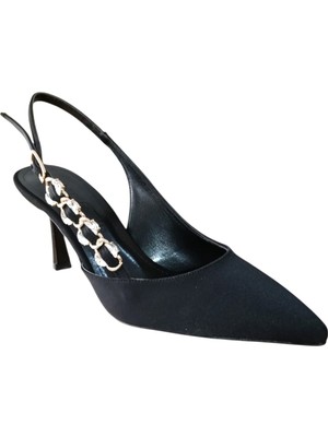 Roksan 2704 Kadın Saten Topuklu Yanı Taş Detaylı Arka Açık Stiletto Siyah