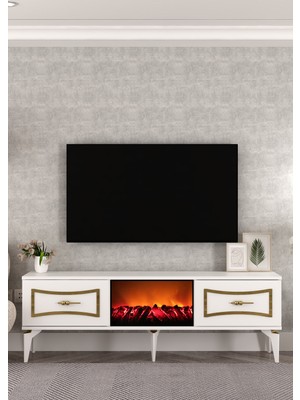 Demonte Decor TV0064-TXA150DD-32 Şömineli Tv Sehpası Beyaz-Altın