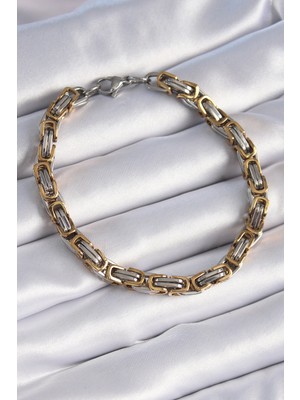 Clariss 316L Çelik Gümüş Gold Renk Kral Zincir Model Erkek Bileklik