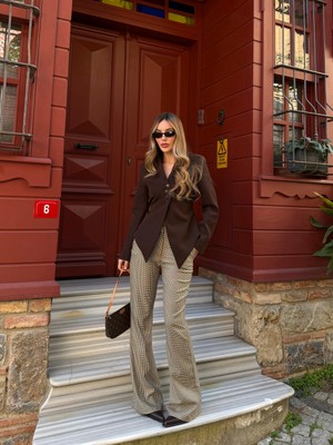 Laluvia Kahverengi Mini Kazayağı Desenli Ispanyol Paça Pantolon - 4127