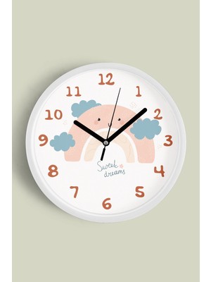 JHAAR Sweet Dreams Pastel Gökkuşağı ve Bulut Desenli Çocuk Duvar Saati - 25CM - Önü Camlı Beyaz Kasa