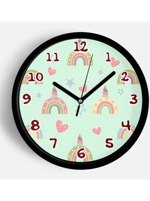 JHAAR Unicorn ve Gökkuşağı Desenli Çocuk Odası Duvar Saati - 25CM - Önü Camlı Siyah Kasa