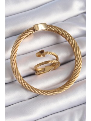 Clariss 316L Çelik Gold Renk Sarmal Model Erkek Bileklik Yüzük Kombini