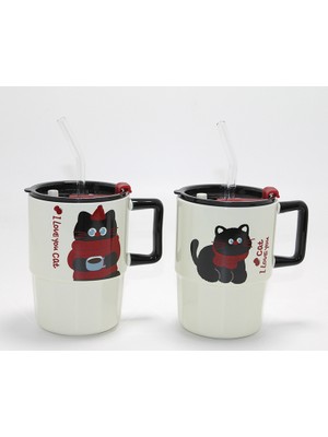 İlk El Grup Ieg™ Sevimli Şaşkın Kedi Figürlü Pipetli Kapaklı Porselen Kupa Bardak