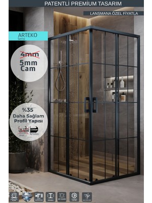 Monaqua Arteko Duşakabin Kare - Antrasit Profil - Karolaj Antrasit Çizgili 5mm Cam