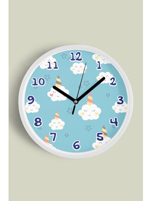 JHAAR Sevimli Unicorn Bulut Desenli Çocuk Odası Duvar Saati - 25CM - Önü Camlı Beyaz Kasa