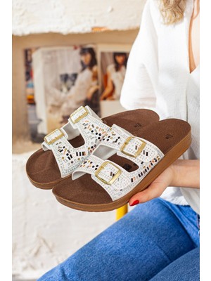 Melek Tuna Çift Tokalı Yumuşak Tabanlı Günlük Terlik, Taşlı Terlik, Hafif ve Rahat Terlik