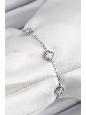 Clariss 316L Çelik Beyaz Sedef Yonca Model Gümüş Renk Kadın Bileklik