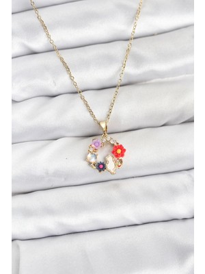 Clariss 316L Çelik Zincir Gold Renk Çiçekli Kedili Model Kadın Kolye