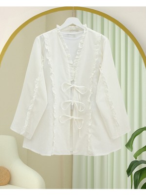 Modamorfo Önü ve Kolu Fırfırlı Bağlamalı Keten Gömlek -Beyaz