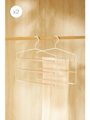 Ocean Home Textile 2'li 3 Katlı Ahşap Destekli Mat Beyaz Renk Metal Giysi Askısı 32 x 36.5 x 0.47 cm