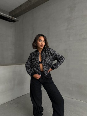 Karsel Gri Leopar Kaşe Ceket