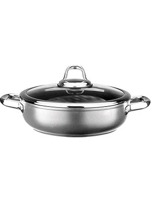Indispensablely Leggno Titanium 28CM Sığ Tencere, Çelik Kulp, Özel Çerçeveli Cam Kapak Metalik Gri
