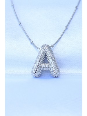 Clariss 316L Çelik Zincirli Zirkon Taşlı A Harfli Gümüş Renk Bubble Kolye