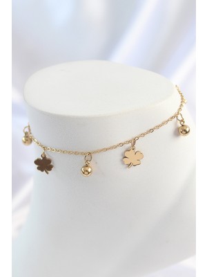 Clariss 316L Çelik Gold Renk Sallantı Topçuk Yonca Model Kadın Halhal