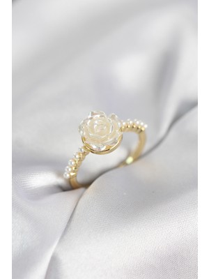 Clariss Gold Renk Gül Model Incili Kadın Yüzük