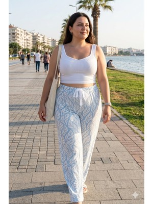 Bukadınca Mavi Yaprak Desenli, Lastik Belli, Bol Paça Milan Pantolon