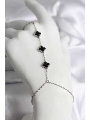 Clariss 316L Çelik Gümüş Renk Siyah Yonca Model Kadın Şahmeran