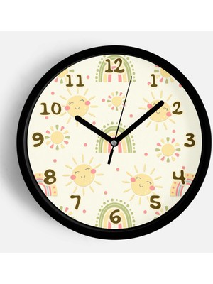JHAAR Pastel Güneş ve Gökkuşağı Desenli Çocuk Odası Duvar Saati - 25CM - Önü Camlı Siyah Kasa