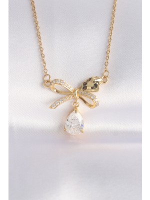 Clariss 316L Çelik Zincir Altın Renk Zirkon Taşlı Damla Detay Fiyonk Kolye