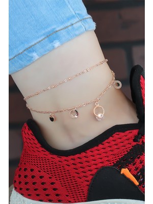 Moco Kristal Taşlı Halkalı Rose Renk Çift Zincirli Hal Hal