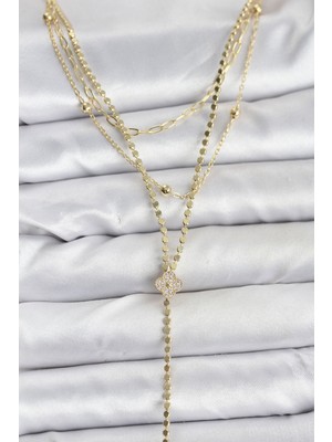 Clariss Pirinç Gold Renk Zirkon Taşlı Yonca Model Detaylı 3'lü Kombin Y Kadın Kolye