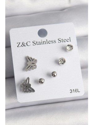 Eco Lounge 316L Çelik Gümüş Renk Zirkon Taşlı Kelebek Model Kadın Küpe Seti