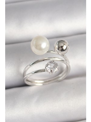 Clariss Pirinç Gümüş Renk Zirkon Taşlı Toplu Inci Model Kadın Yüzük
