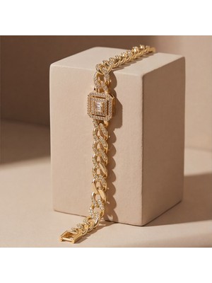 Ferizz Altın Kaplama Figaro Model Baget Zirkon Taşlı Kadın Bileklik BLK-1276