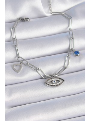 Clariss 316L Çelik Gümüş Renk Zirkon Taşlı Göz Figür Kalp Detay Kadın Bileklik