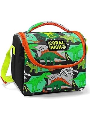 Indispensablely Coral High Siyah Yeşil Dinazor Baskılı Erkek Çocuk Beslenme Çantası