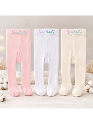 3'lü Bebek Pamuklu Külotlu Çorap, Çocuk Yenidoğan Pamuk Kız Erkek Okul Çorabı, Beyaz Ekru Pembe
