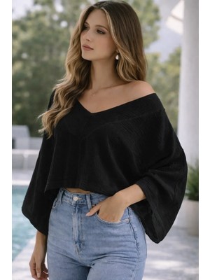 %100 Pamuk  Ön V  Kayık Yaka Salaş Bluz